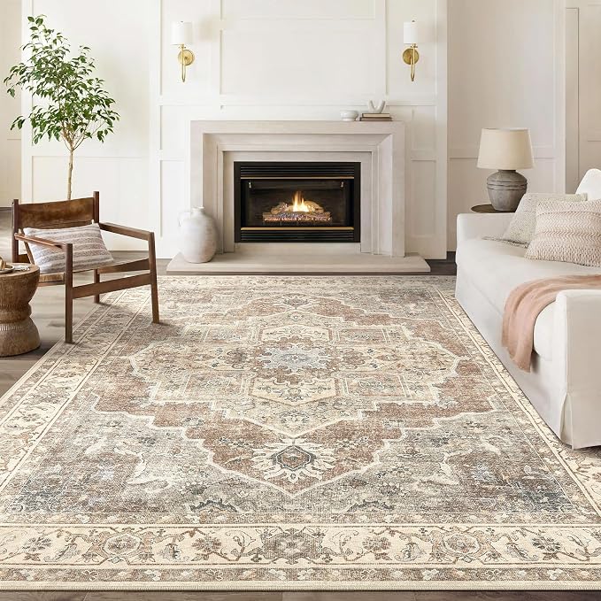 6x9 Washable Area Rug: Vintage Neutral Soft Non Slip Thin Large Floor Carpet - Image 2