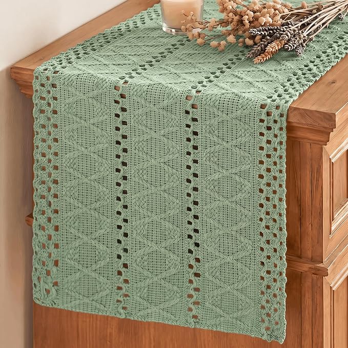 Artoid Mode Light Green Woven Farmhouse Hollow Table Runner 12x36 Inch | by ArtoidMode