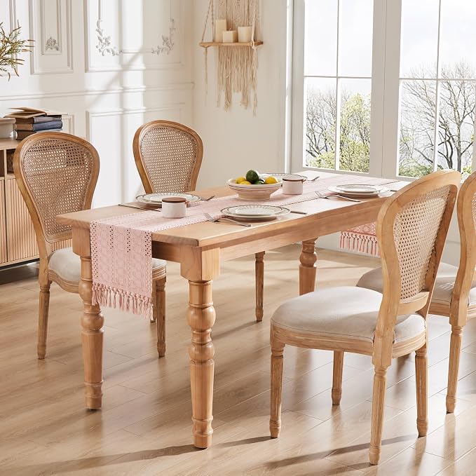 Macrame Style Boho Table Runner, 12x72 Inch Light Pink | Woven Boho Table Runner - Image 3