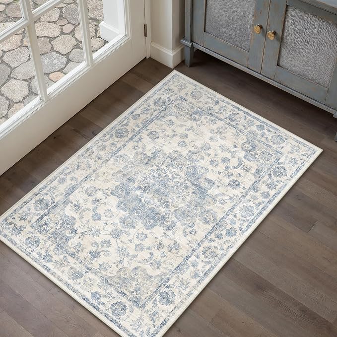 Neutral Kitchen Rug Set of 3 Washable Blue Vintage Kitchen Mats - Image 3