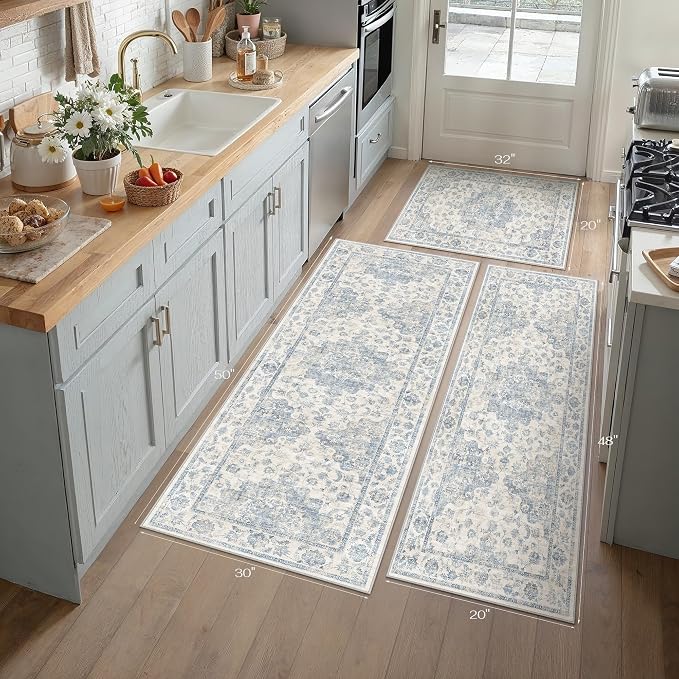 Neutral Kitchen Rug Set of 3 Washable Blue Vintage Kitchen Mats - Image 4