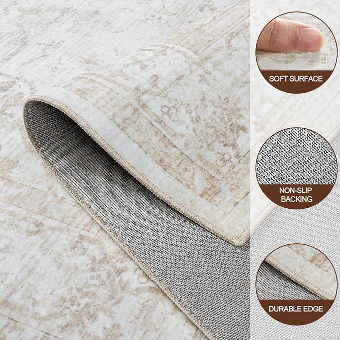 8x10 Area Rugs for Living Room:Beige Washable Vintage Medallion Rug Non-Slip - Image 8