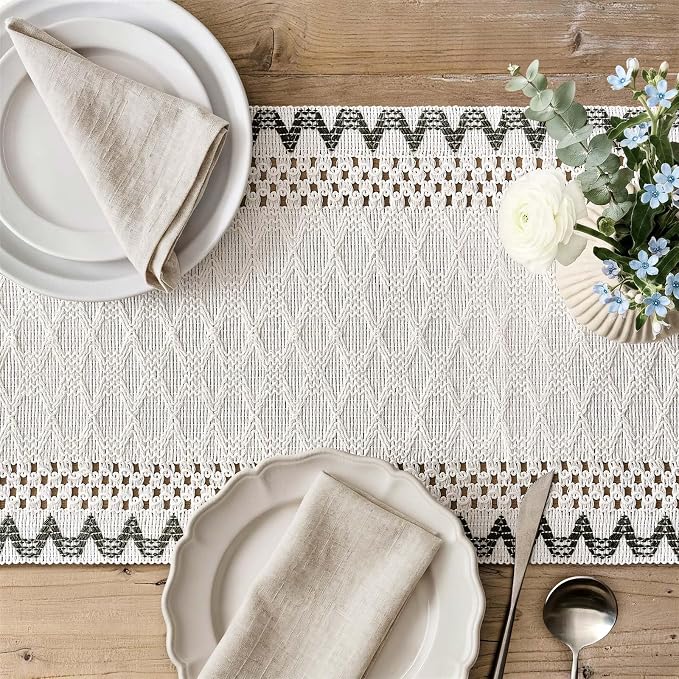Macrame Side Trim Boho Woven Table Runner, Moss 12x48 Inch | Crochet Hollow - Image 3