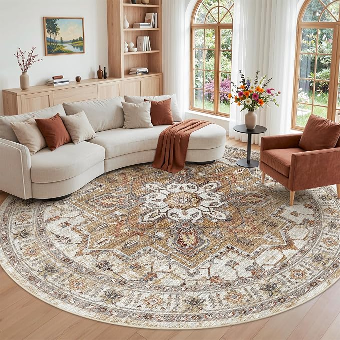 Madane Washable 9ft Circle Round Rug, 9x9 Circular Rugs Non-Slip Vintage Area by Madane