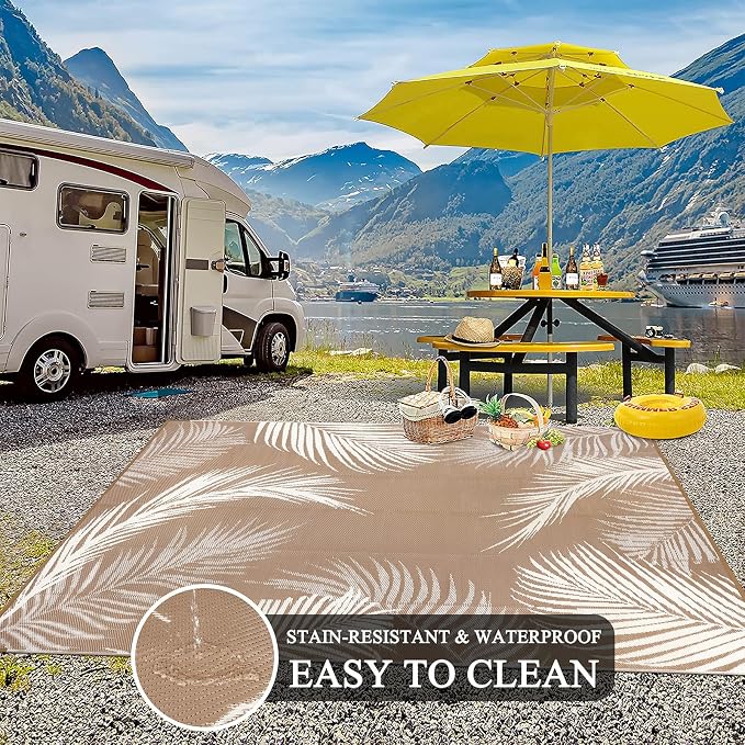 Pauwer Waterproof Outdoor Rug 10x14, Reversible Plastic Straw Patio Camping Rug - Image 4