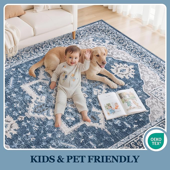 6x9 Area Rugs for Living Room:Blue Washable Vintage Medallion Boho Rug Non-Slip - Image 5
