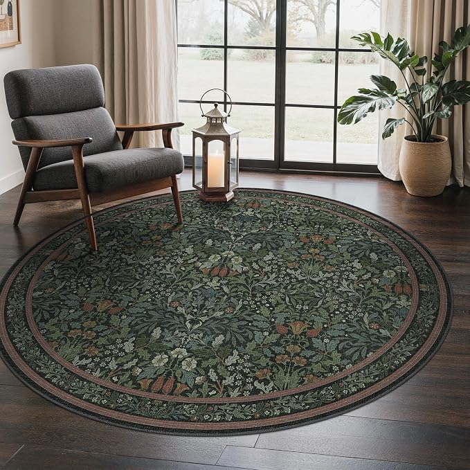 GENIMO Washable 5ft Circle Rug, Vintage Dark Green Floral Round Carpet by GENIMO