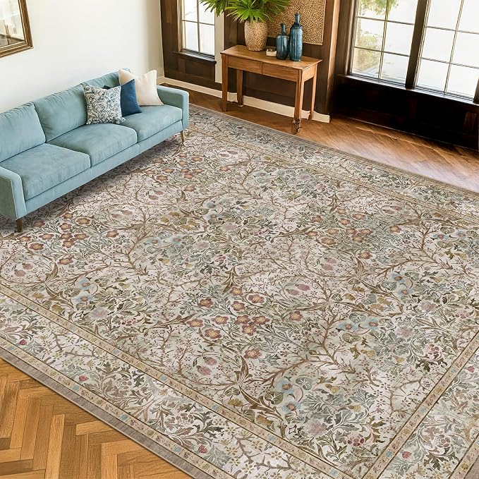 Hazo Haus Vintage Moss Green Living Room Rug, Neutral Taupe 8x10 Washable Area by HazoHaus