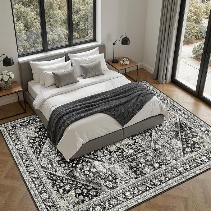 DCX Machine Washable Black Area Rug 4x6, Non Slip Stain Resistant Vintage - Image 4