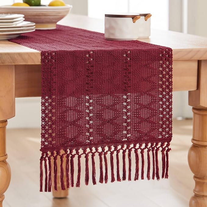 Macrame Style Boho Table Runner, 12x60 Inch Burgundy | Woven Boho Table Runner - Image 7