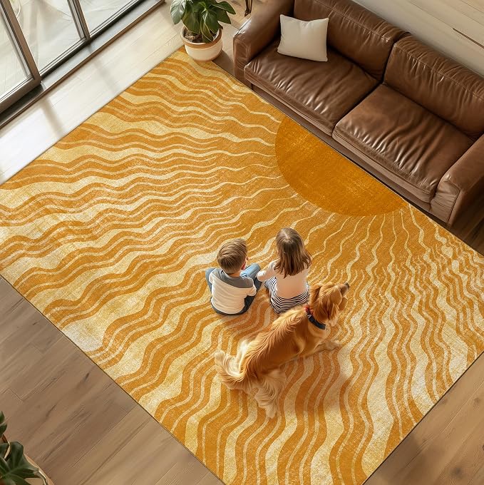 Washable 4x6 Sun Area Rug for Living Room, Retro Brown Sun Modern Boho Large by GOGINNY
