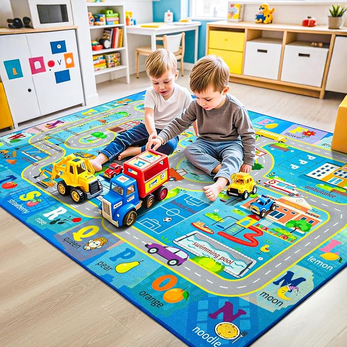 Chicrug 9x12 Car Road Area Rug for Kids Playroom Bedroom, Non Slip Low Pile - Image 6