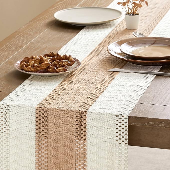Macrame Style Bicolor Stitching Table Runner 14x72in Beige | Woven Boho Table - Image 4
