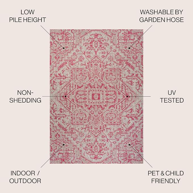 JONATHAN Y Boho Medallion Indoor Outdoor Area Rug 4X6 Light Gray/Fuchsia - Image 2