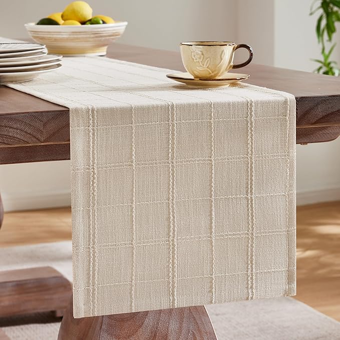 Linen Checked Farmhouse Table Runner, 13x36 Inches Neutral Beige | Raised Grid - Image 4