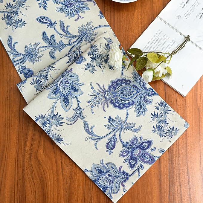Beige and Blue Table Runner 12x36 Inch | Cotton Polyester Waterproof Seasonal by ZIWUROAD