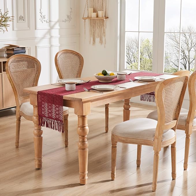 Macrame Style Boho Table Runner, 12x72 Inch Burgundy | Woven Boho Table Runner - Image 3