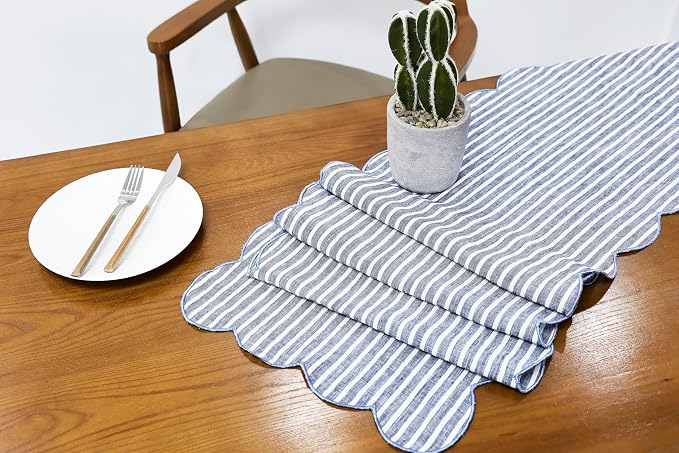 100% Natural Linen Rustic Scalloped Embroidery Table Runner 108 Inches Long - Image 5