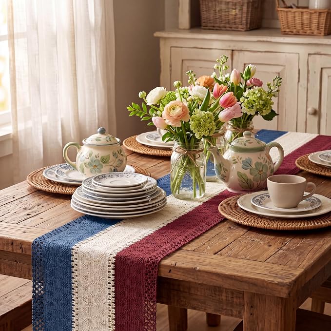 Artoid Mode Blue Beige Red Farmhouse Rustic Table Runner 12x36 Inch | Holiday - Image 4