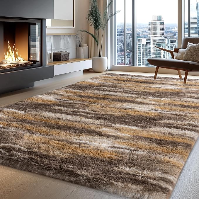Fluffy Rugs for Living Room, 6x9 Ft Abstract Brown Shag Area Rug, Soft Large - Image 3