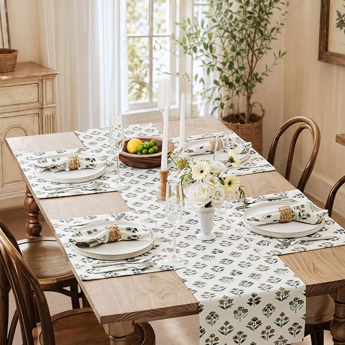 Block Print Floral Decorative Table Runners, 13x36 Inch Latte | 100% Organic - Image 7