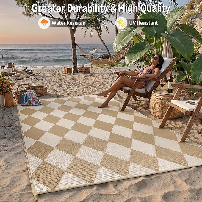 Outdoor Plastic Checkered Rug Waterproof Patio 9x12 Beige Brown Diamond - Image 5