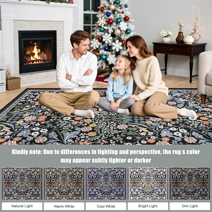 Round Area Rug for Living Room: 6 ft Floral Washable Circle Rug Soft Boho - Image 9