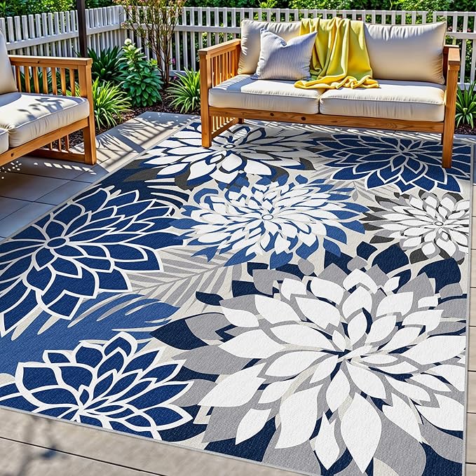 9x12 Outdoor Area Rug Washable Multicolored Patio Rug Tropical Botanical Floral by ArenaRug