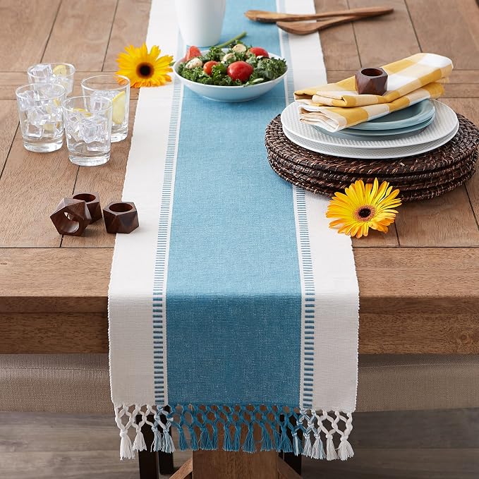 DII Dobby Stripe Table Runner, 13x72 Storm Blue & Cream Background | Woven - Image 6