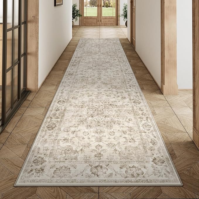 2x12 Washable Neutral Runner Rug Beige Vintage Hallway Kitchen Carpet Non-Slip - Image 3