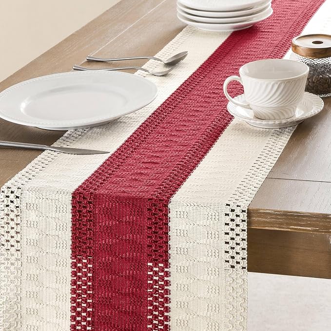 Macrame Style Bicolor Stitching Table Runner 14x108in Red | Woven Boho Table - Image 4