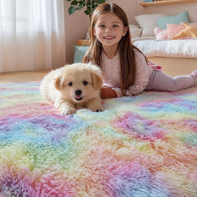 Fluffy 9x12 Large Area Rugs for Girls Bedroom Living Room, Rainbow Soft - Image 2