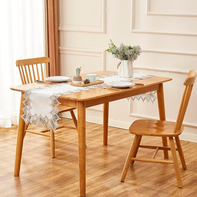 White Linen Table Runner 48” Lace Coffee Table Runners | French Dresser Runners - Image 4