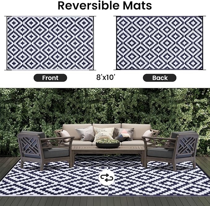 Smiry Waterproof Outdoor Rug 8x10 ft, Reversible Plastic Straw Patio Camping - Image 3