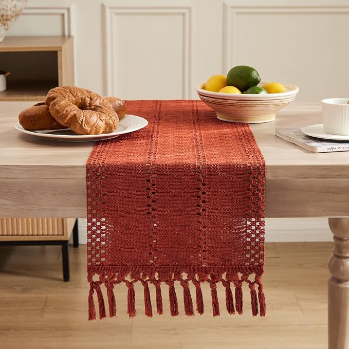 Macrame Style Boho Table Runner, 12x90 Inch Rust | Woven Boho Table Runner - Image 2