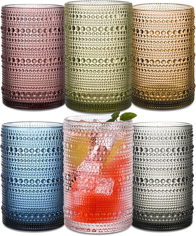 Colored Hobnail Drinking Glasses Set of 6, 15 oz Vintage Highball Glasses by JPPSUJJ