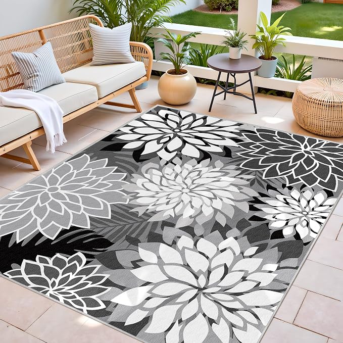 6x9 Outdoor Area Rug Washable Multicolored Patio Rug Tropical Botanical Floral - Image 3