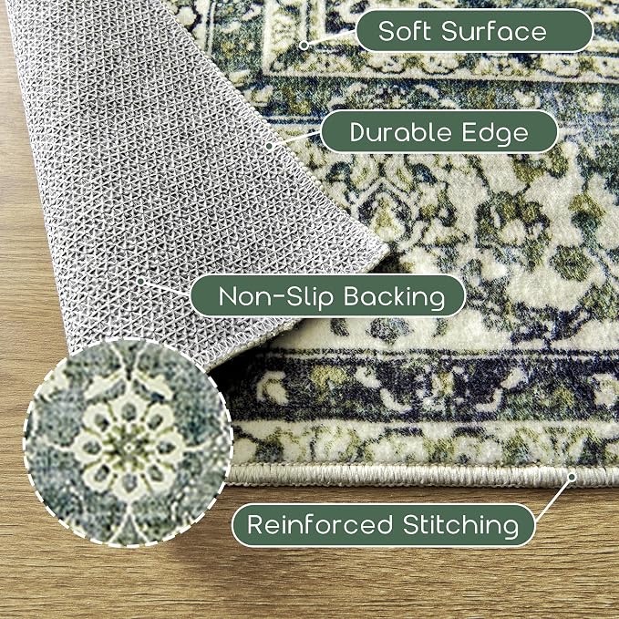 Dark Green Area Rugs 8x10 for Living Room Washable Non Slip Low Pile Blue and - Image 3