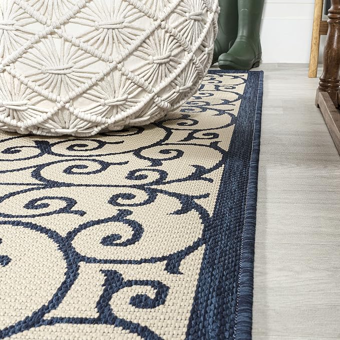 JONATHAN Y Vintage Filigree Indoor Outdoor Area Rug 8X10 Navy/Beige, Madrid - Image 7