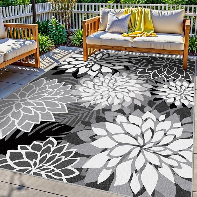 9x12 Outdoor Area Rug Washable Multicolored Patio Rug Tropical Botanical Floral by ArenaRug