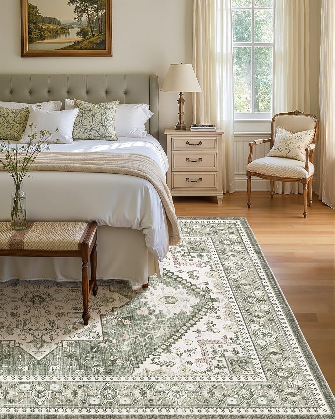 5x8 Vintage Area Rug: Washable Neutral Soft Non Slip Thin Large Floor Carpet - Image 3