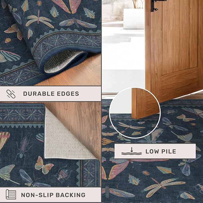 Dark Blue 2x4 Non Slip Bathroom Rug, Washable Vintage Boho Insect Carpet - Image 4