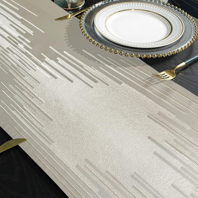 Beige Elegant Luxury Table Runner, Modern Geometric Lines, Tassels | Satin Faux - Image 5