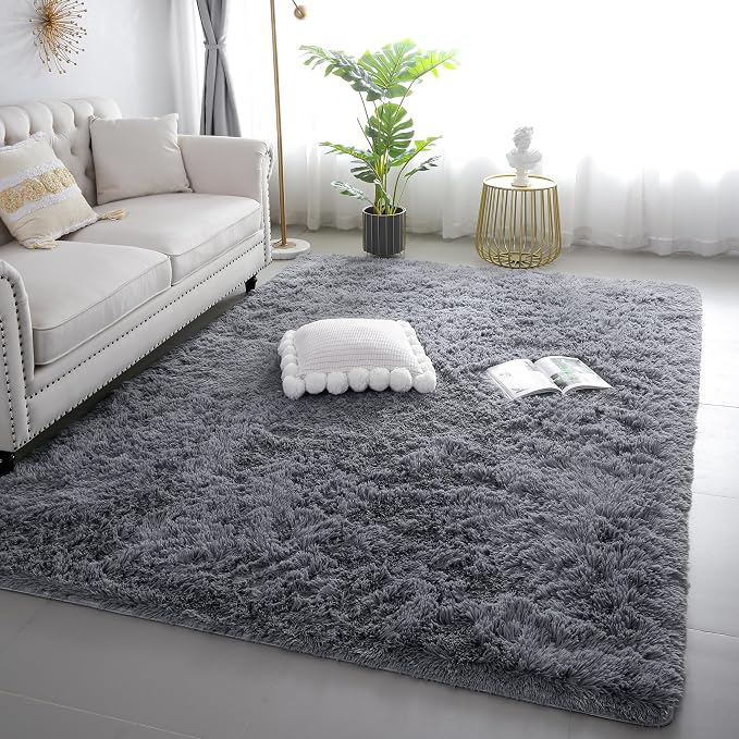 KICHOWUA 5x8 Grey Fluffy Fuzzy Area Rug - Image 9