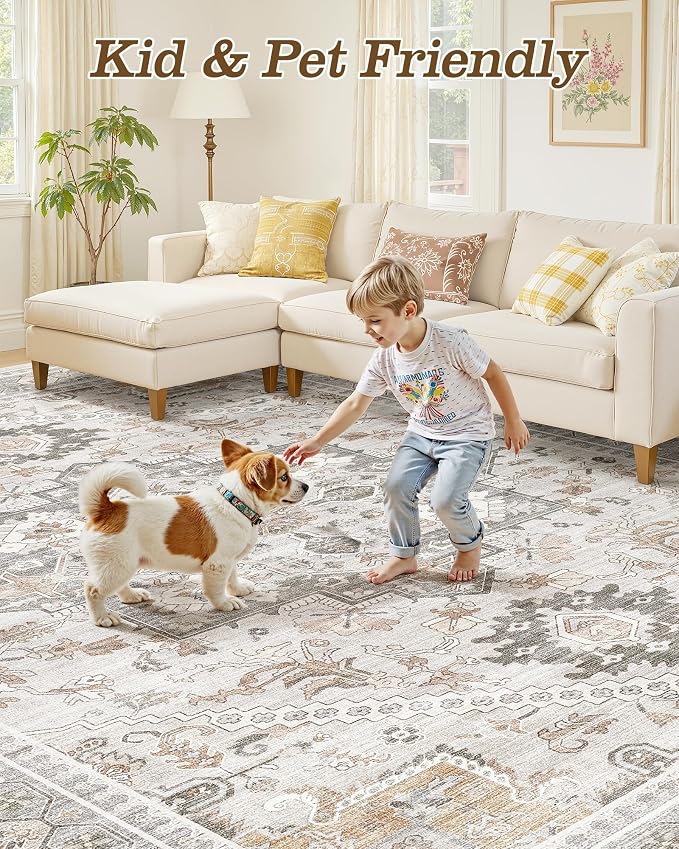 9x12 Vintage Area Rug: Washable Neutral Soft Non Slip Thin Large Floor Carpet - Image 6
