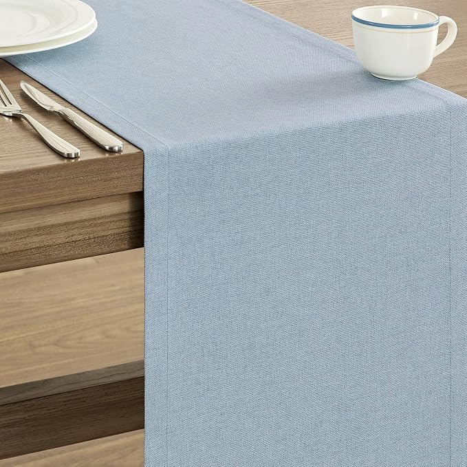 Basic Linen Style Table Runner, 14x48 Inch Chambray Blue | Mitered Corner Design - Image 4