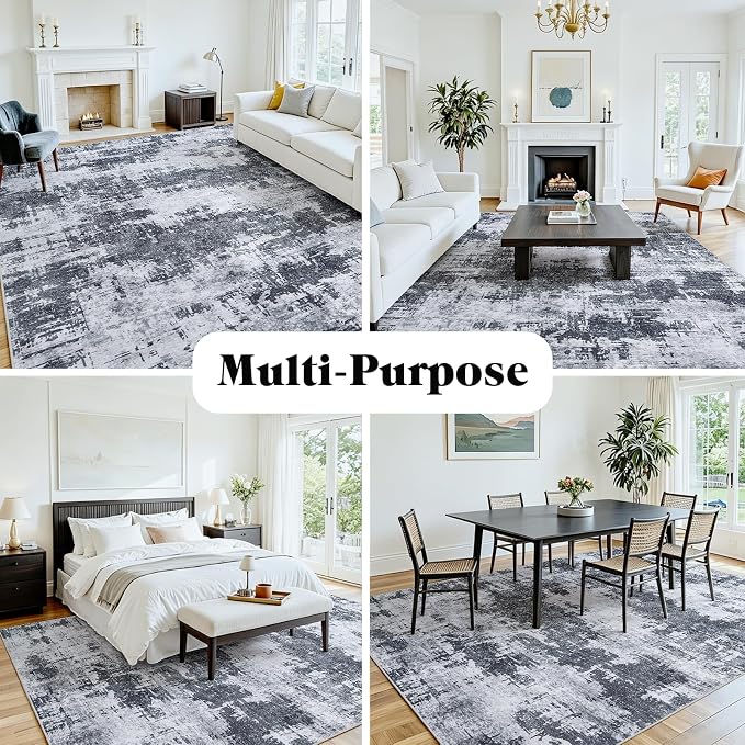 9x12 Area Rugs for Living Room Washable: Abstract Soft Thin Low Pile Black Rug - Image 5