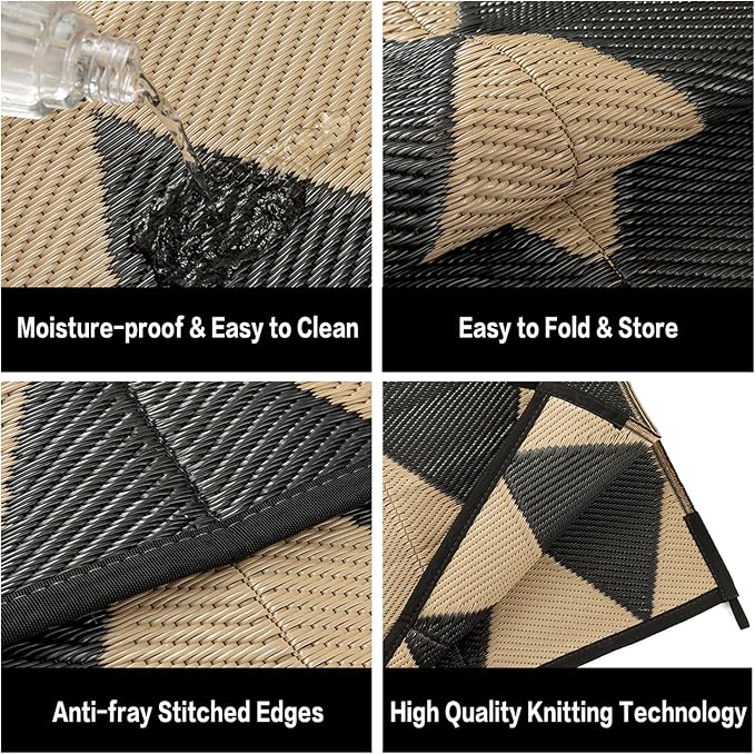 Outdoor Plastic Checkered Rug Waterproof Patio 5x8 Black Brown Diamond Geometry - Image 6