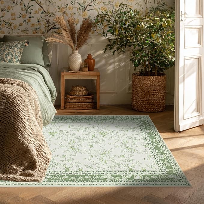 Green 4x6 Small Rug for Living Room Cream Beige and Sage Green Area Rug for - Image 3