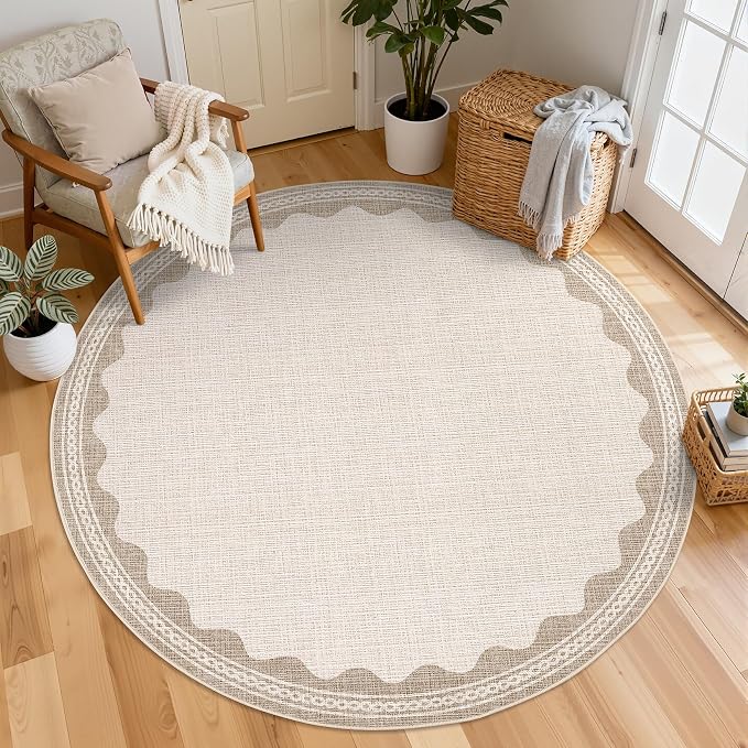 GarveeHome Scalloped Beige 5ft Round Rug Washable Non-Slip Soft Ultra-Thin - Image 2